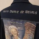 Куртка джинсовая с принтом ручной работы скульптура "Улыбающийся ангел из Реймса"