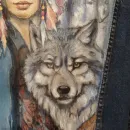 Куртка джинсовая с принтом ручной работы  "Бегущая с волками" по одноименной книге юнгианского психолога Клариссы Пинколы Эстес