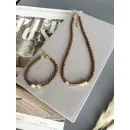 Чокер из и жемчуга майорка цвета шоколад, золотой металлической вставкой и розовой жемчужиной