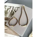 Чокер из и жемчуга майорка цвета шоколад, золотой металлической вставкой и розовой жемчужиной