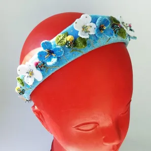 Ободок-кокошник голубой из бархата с цветами, ручная работа, размер универсальный Дыхание лета.