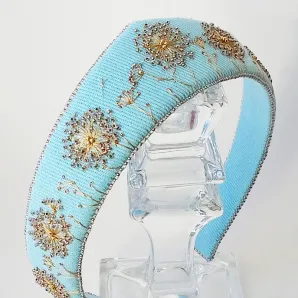 Ободок-кокошник джинсовый с вышивкой бисером, ручная работа, универсальный размер Одуванчики