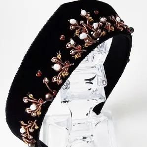 Ободок-кокошник бархатный с вышивкой, ручная работа, размер универсальный Ажур