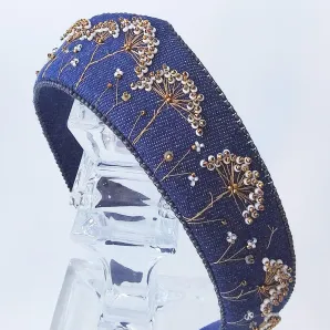 Ободок-кокошник джинсовый с вышивкой бисером, ручная работа, универсальный размер Родные просторы