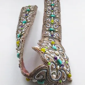 Пояс этнический ручная вышивка бирюзой, жемчугом, Золотое руно