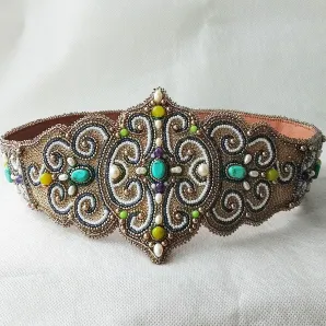 Пояс этнический ручная вышивка бирюзой, жемчугом, Золотое руно