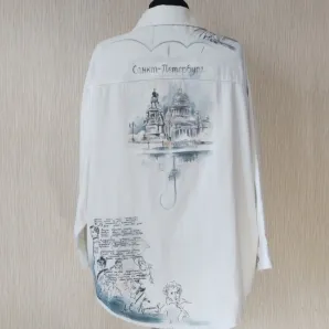 ​Рубашка джинсовая с принтом ручной работы "Санкт-Петербург. Храни меня мой талисман"