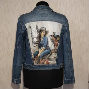 Куртка джинсовая  с принтом ручной работы " Ковбойская", с белой лошадью