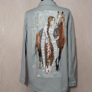Рубашка тонкая джинсовая с принтом ручной работы " Русская душа". Лошадь Орловский рысак и девушка в русском платье с орнаментом