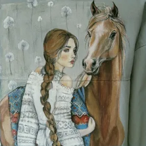 Рубашка тонкая джинсовая с принтом ручной работы " Русская душа". Лошадь Орловский рысак и девушка в русском платье с орнаментом