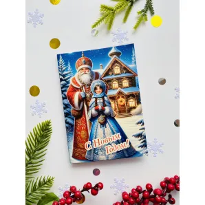 Открытка с 4 шоколадками Дед мороз и снегурочка