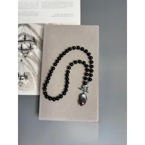 Колье из натурального черного оникса, подвеска барочная жемчужина