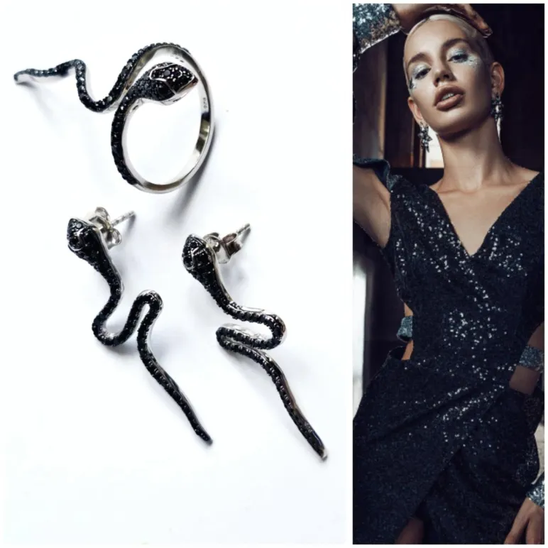 Серьги и кольцо из серебра с черной шпинелью "Змеи"