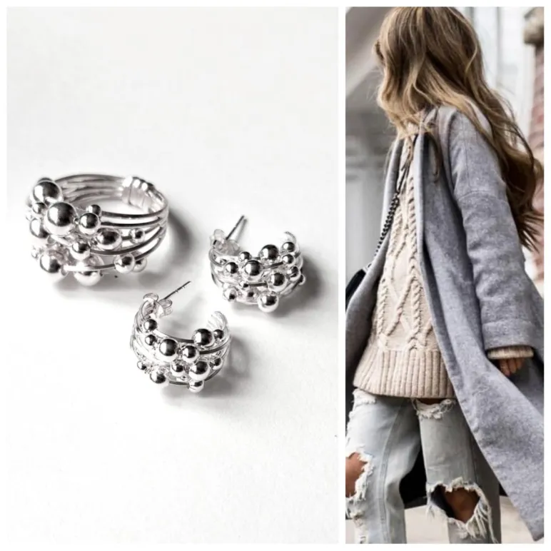 Серьги и кольцо из серебра с шариками