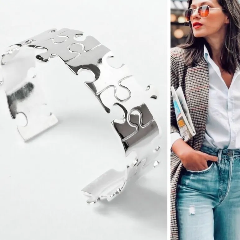 Браслет - кафф жесткий из серебра "Пазлы"