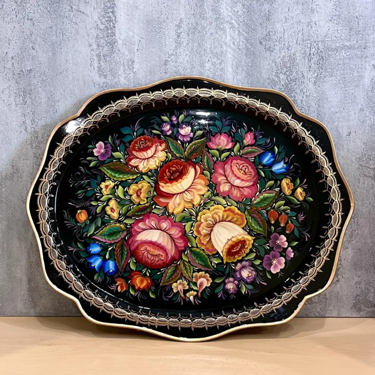 Декоративный поднос ручной работы с нижнетагильской маховой росписью