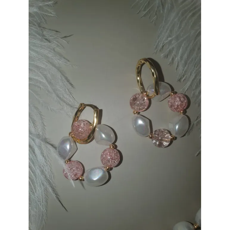 Чокер и серьги из натурального жемчуга и розового кварца