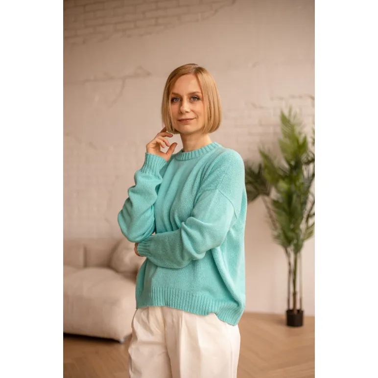 ​Свитер оверсайз, цвет бирюза, размер 44-46, состав: кашемир 40%, мериносовая шерсть 30%, шелк 30%