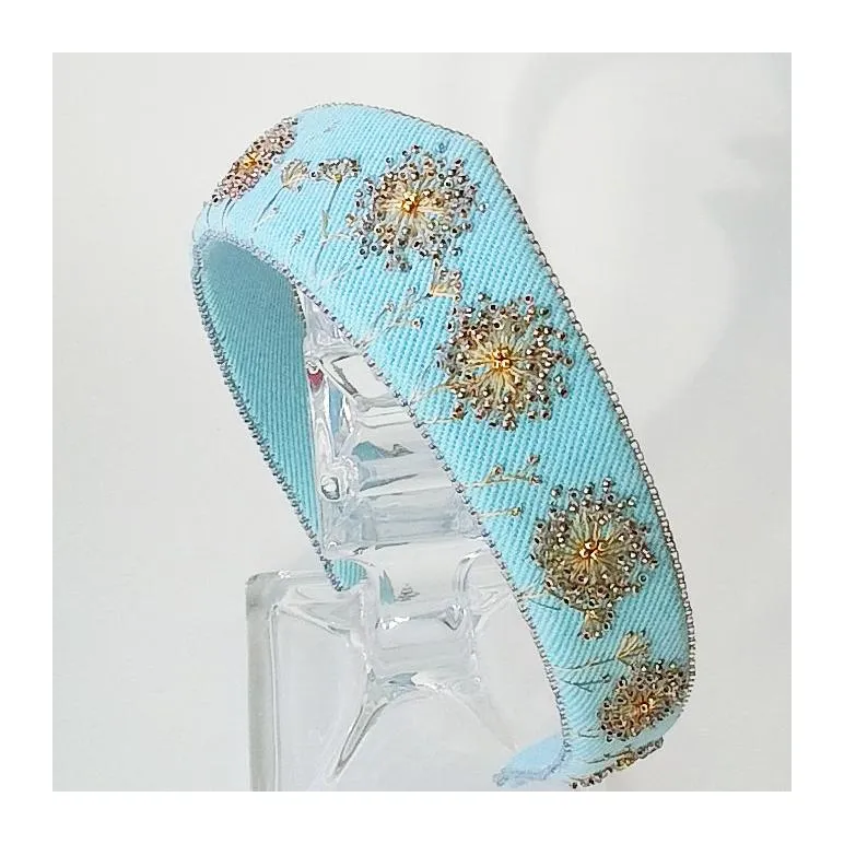 Ободок-кокошник джинсовый с вышивкой бисером, ручная работа, универсальный размер Одуванчики