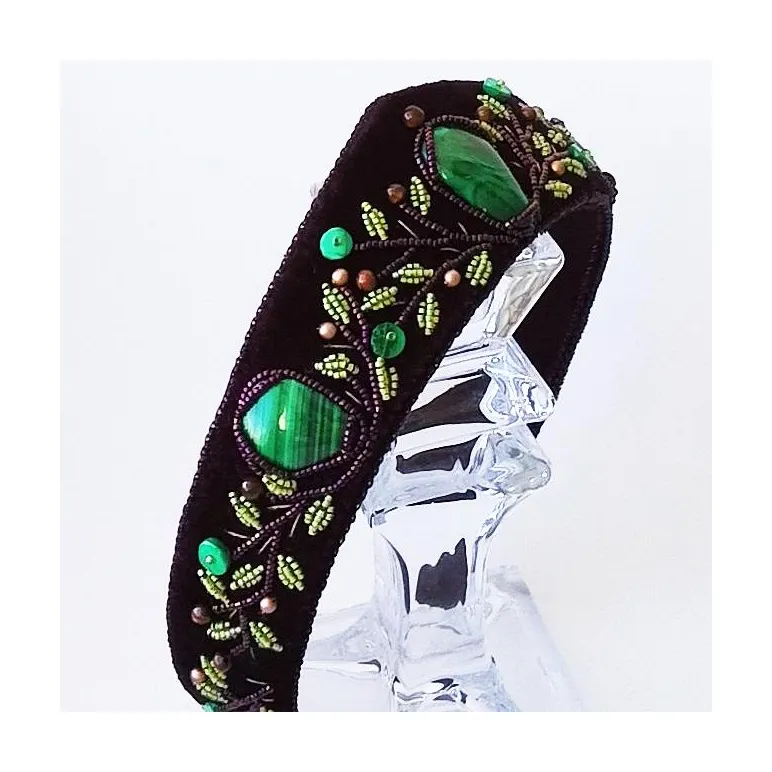 Ободок-кокошник из бархата с малахитом, ручная работа, размер универсальный