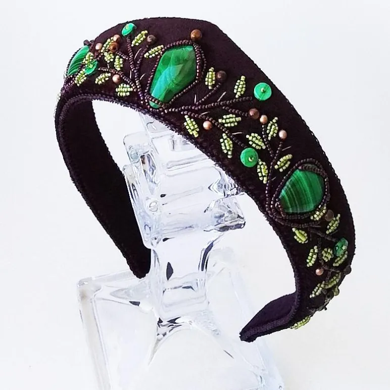 Ободок-кокошник из бархата с малахитом, ручная работа, размер универсальный