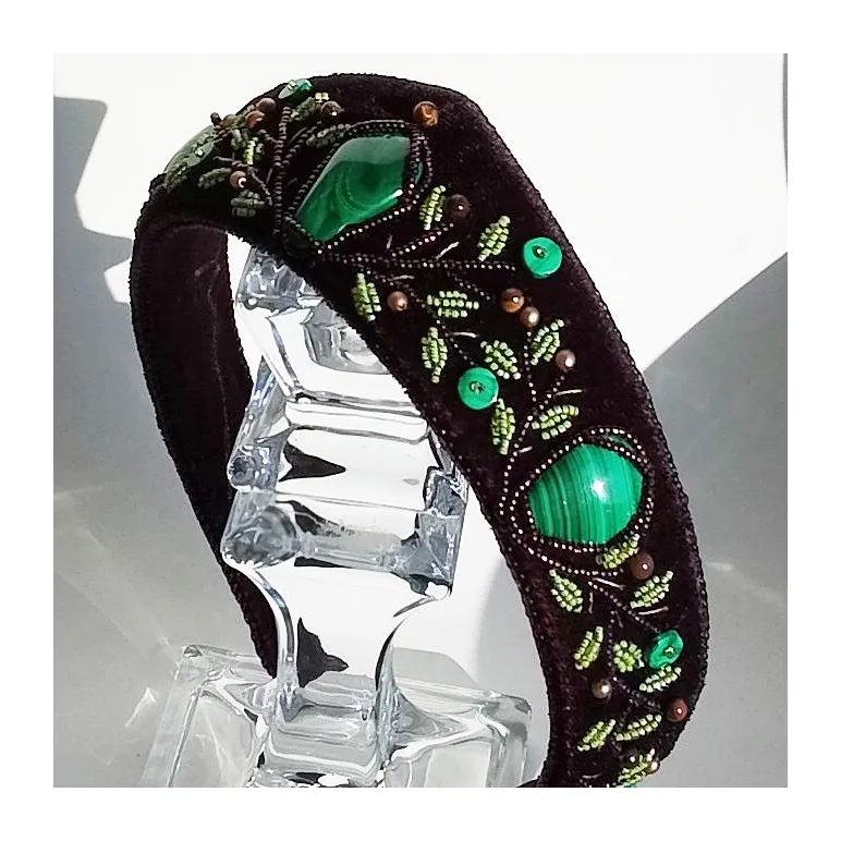 Ободок-кокошник из бархата с малахитом, ручная работа, размер универсальный