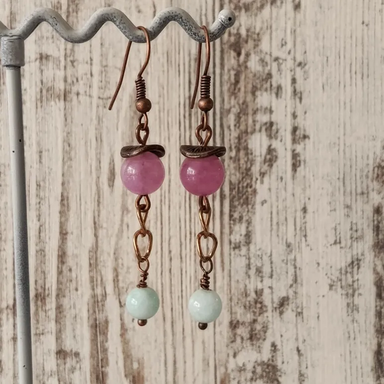 Серьги с розовым апатитом и амазонитом