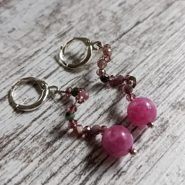 Серьги с розовым халцедоном и турмалином