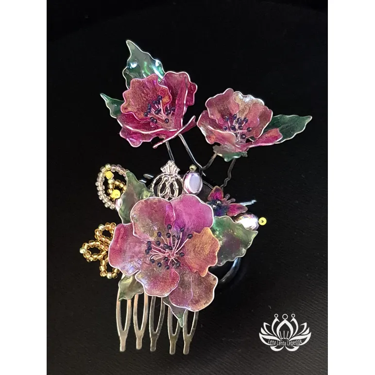 Набор аксессуаров для волос ручной работы Стеклянные Цветы розовый. в технике Витраль.