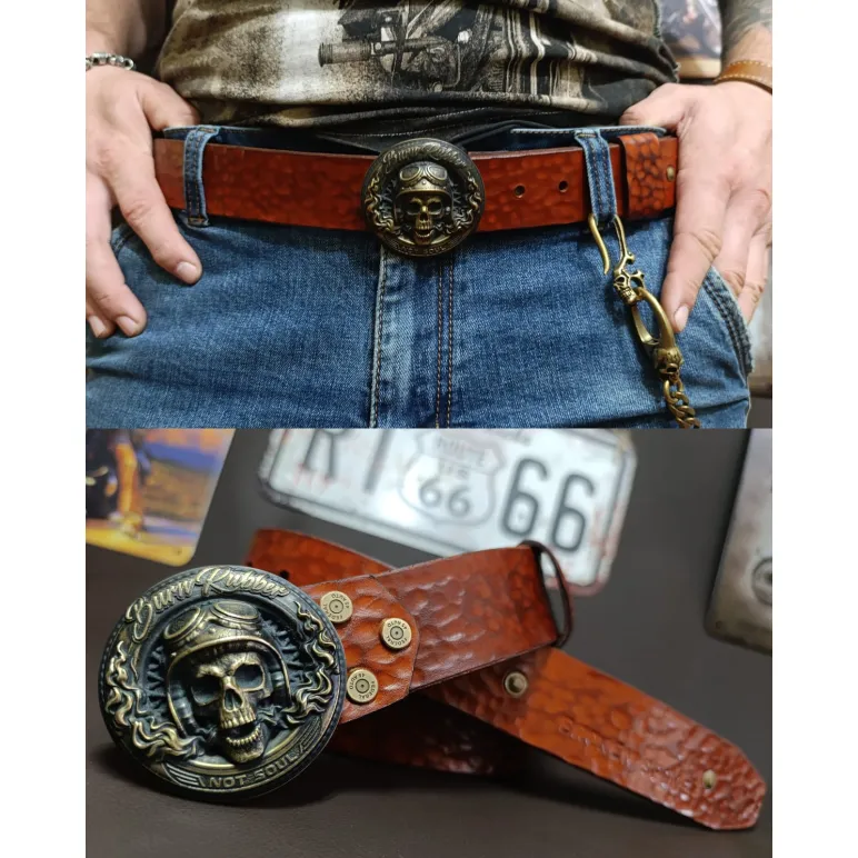 Ремень из натуральной кожи Байкерский огонь