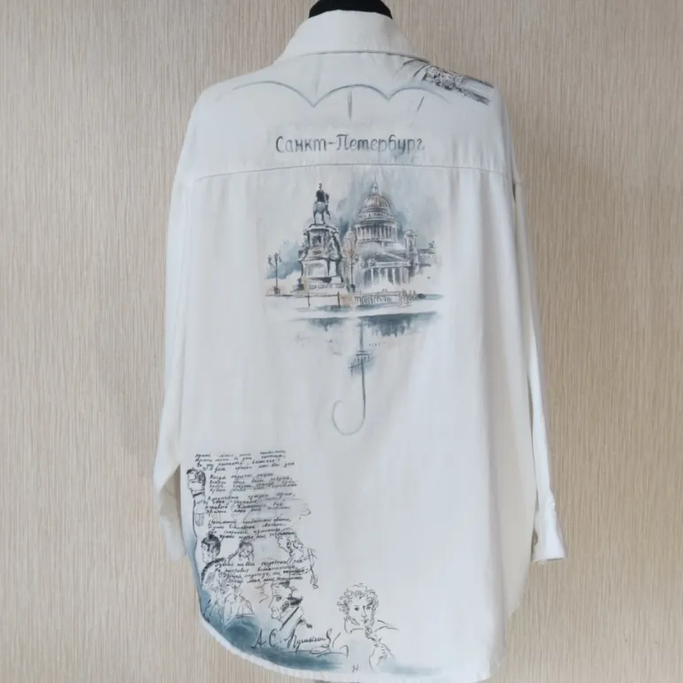 ​Рубашка джинсовая с принтом ручной работы "Санкт-Петербург. Храни меня мой талисман"