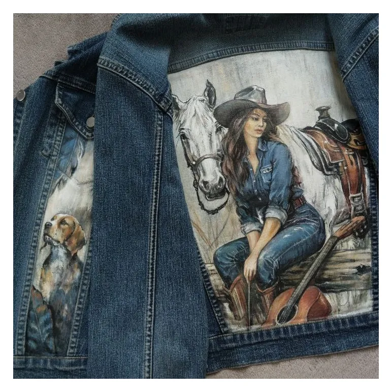 Куртка джинсовая с принтом ручной работы " Ковбойская", с белой лошадью