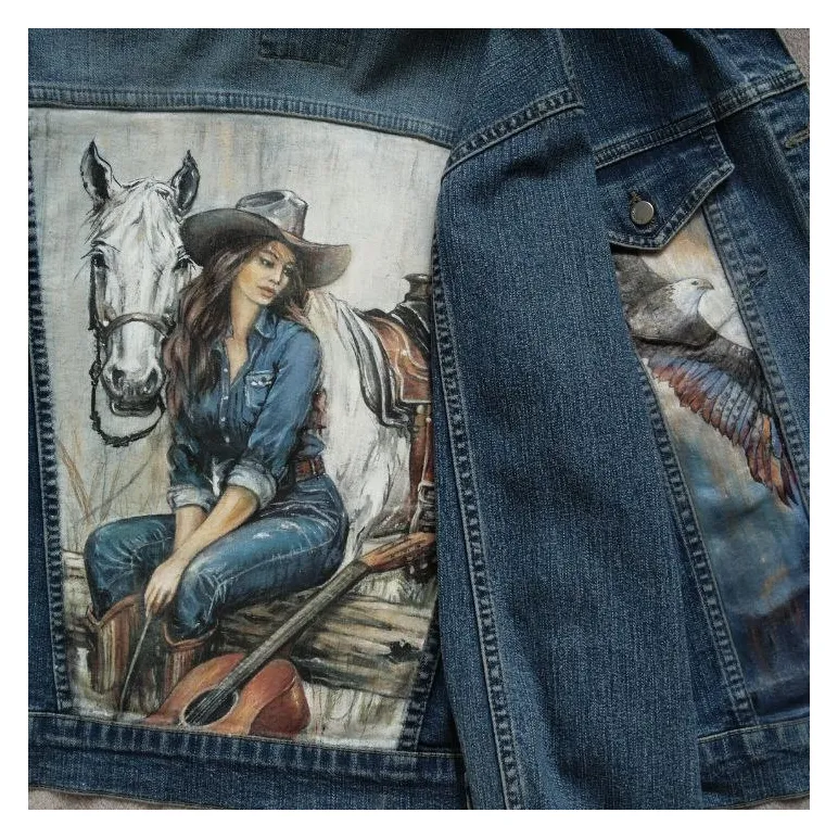Куртка джинсовая с принтом ручной работы " Ковбойская", с белой лошадью