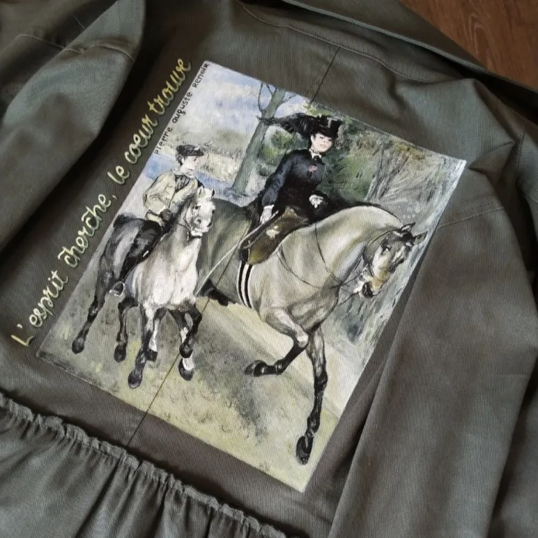 Джинсовый тонкий летний  жакет с принтом ручной работы с лошадьми " Огюст Ренуар