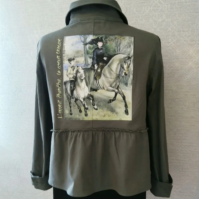 Джинсовый тонкий летний  жакет с принтом ручной работы с лошадьми " Огюст Ренуар