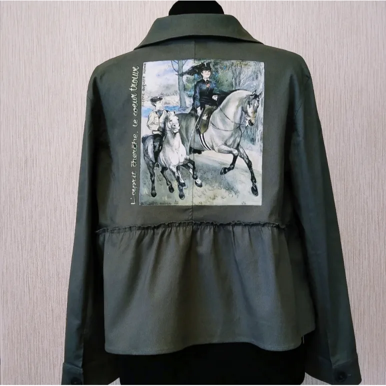 Джинсовый тонкий летний  жакет с принтом ручной работы с лошадьми " Огюст Ренуар