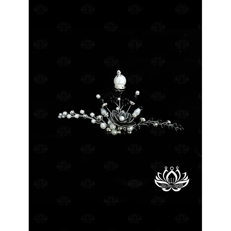 Гребень-заколка для волос ручной работы "Черёмуха" чёрный. в технике Витраль. Единственный экземпляр. Цветы Канзаши на волосы Ваши.