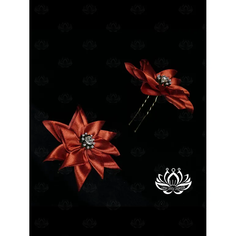 Комплект шпилек для волос ручной работы "Огонёк" 2 шт. Единственный экземпляр. Цветы Канзаши на волосы Ваши