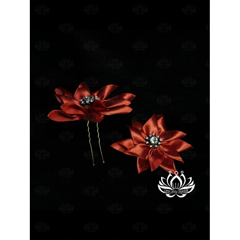 Комплект шпилек для волос ручной работы "Огонёк" 2 шт. Единственный экземпляр. Цветы Канзаши на волосы Ваши