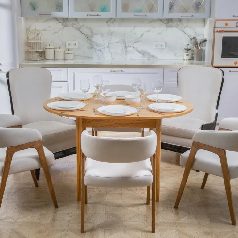 Круглый, раздвижной стол. Дубовый шпон, массив ясеня