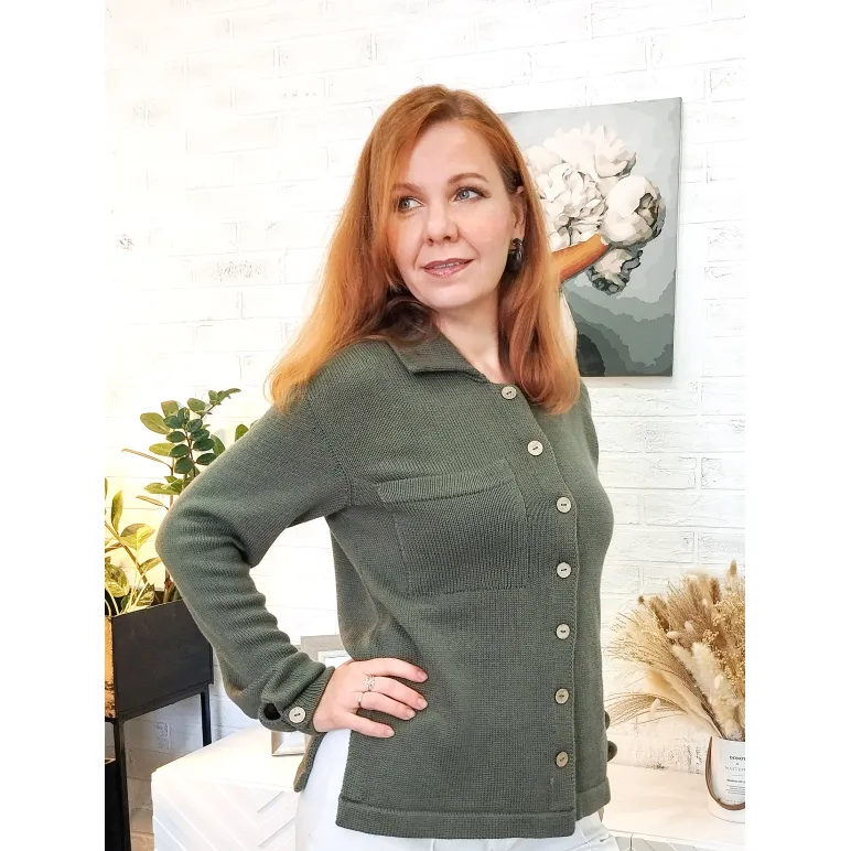 Рубашка вязаная их шерсти ягнёнка и хлопка "Морозная олива"