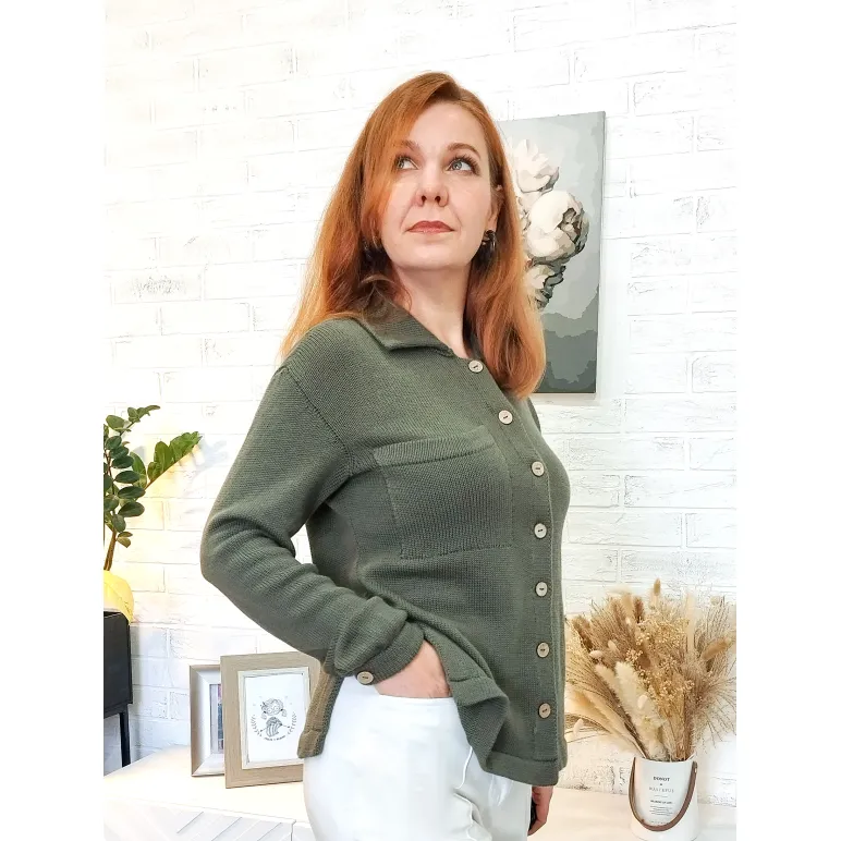 Рубашка вязаная их шерсти ягнёнка и хлопка "Морозная олива"