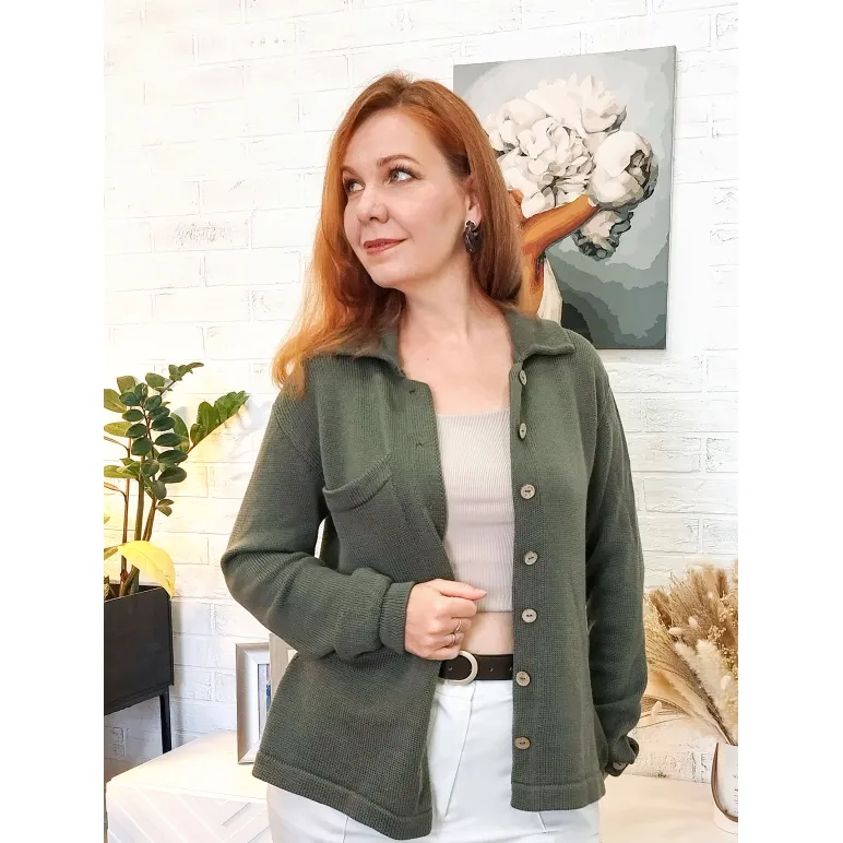 Рубашка вязаная их шерсти ягнёнка и хлопка "Морозная олива"