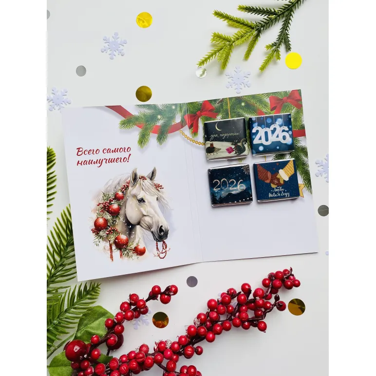 Открытка с 4 шоколадками Символ Года Лошадь