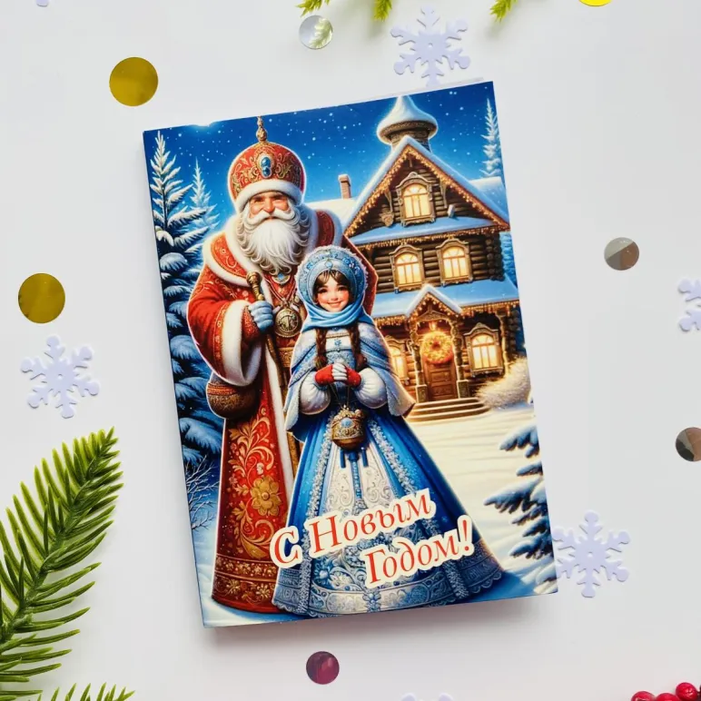 Открытка с 4 шоколадками Дед мороз и снегурочка