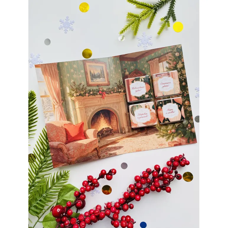 Открытка с 4 шоколадками Символ Года Ретро лошадь