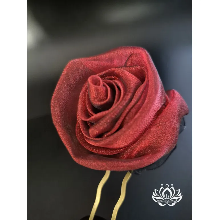 Шпилька с цветочным декором в технике канзаши, органза, бордовый цвет