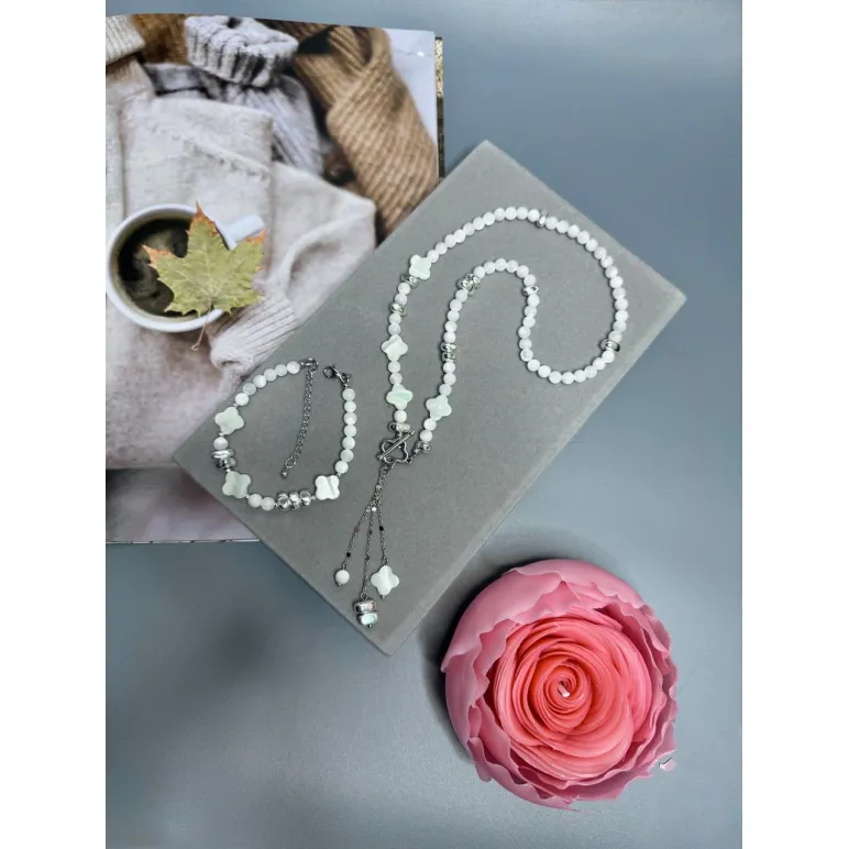 Комплект украшений колье и браслет перламутра и гематита