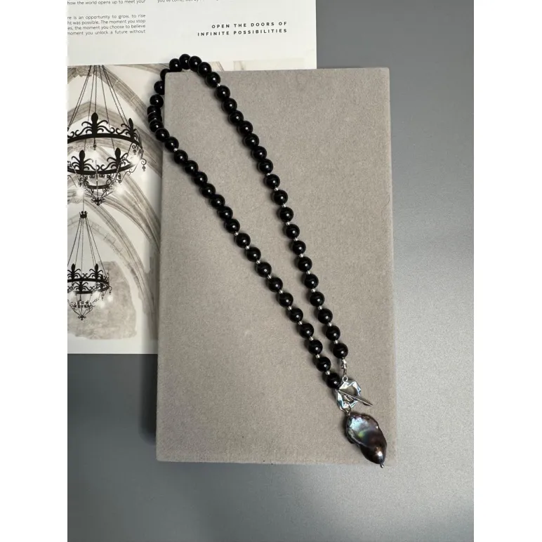 Колье из натурального черного оникса, подвеска барочная жемчужина