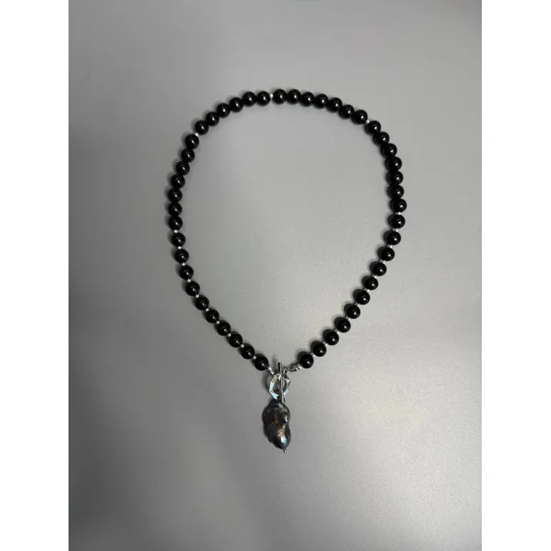 Колье из натурального черного оникса, подвеска барочная жемчужина